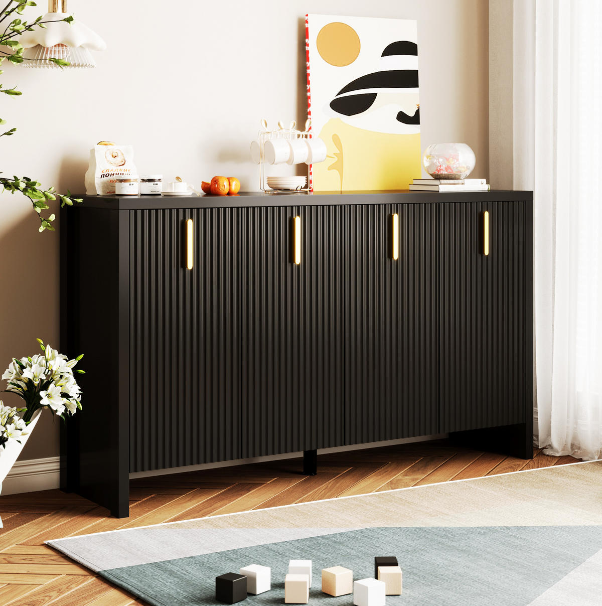 SIDEBOARD mit 4 Türen und verstellbaren Einlegeböden, 140/38/80 cm, Schwarz mit goldenen Griffen - Schwarz, Holzwerkstoff (140/38/80cm) - Redom