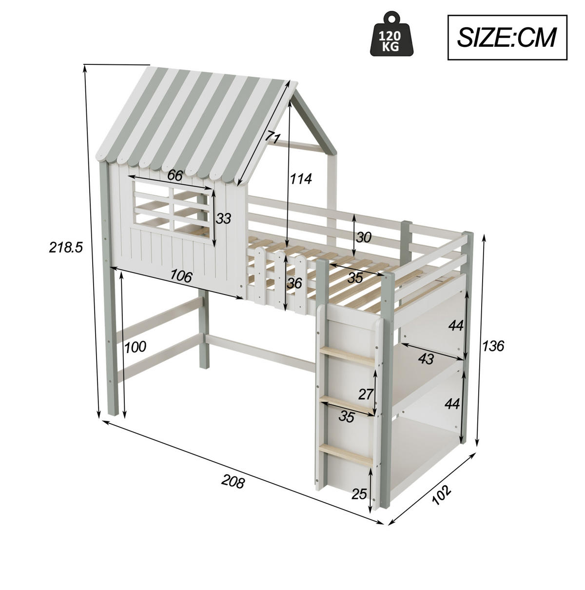 HAUSBETT 90/200 cm Grün aus Massivholz mit Dach und Sicherheitsleiter - Grün, Holz (90/200cm) - OKMYHOME