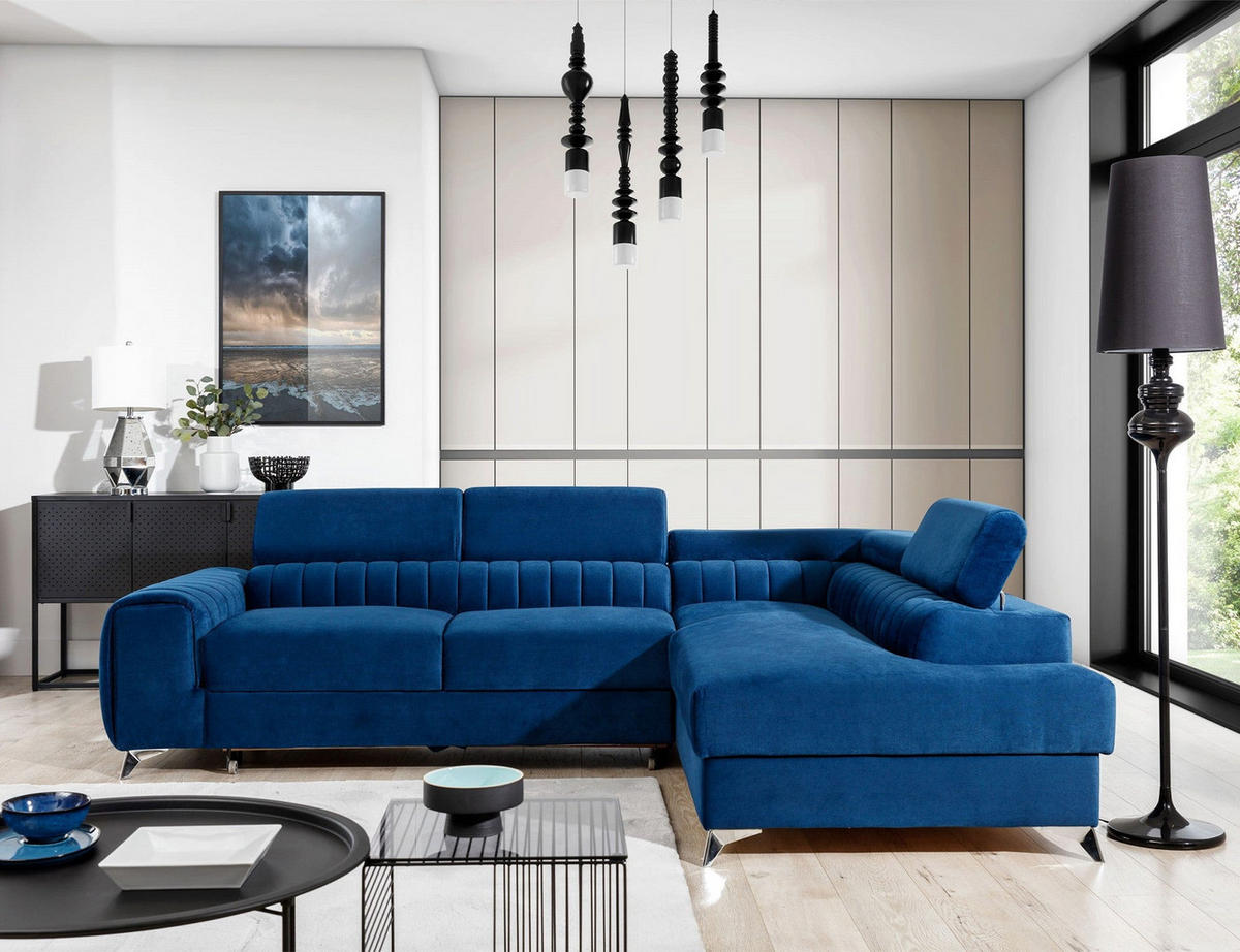 ECKSOFA Laurence mit Schlaffunktion & Bettkasten – 278 x 205 cm, verstellbare Kopfstützen - Blau, Kunststoff (278/205cm) - Wohnideebilder
