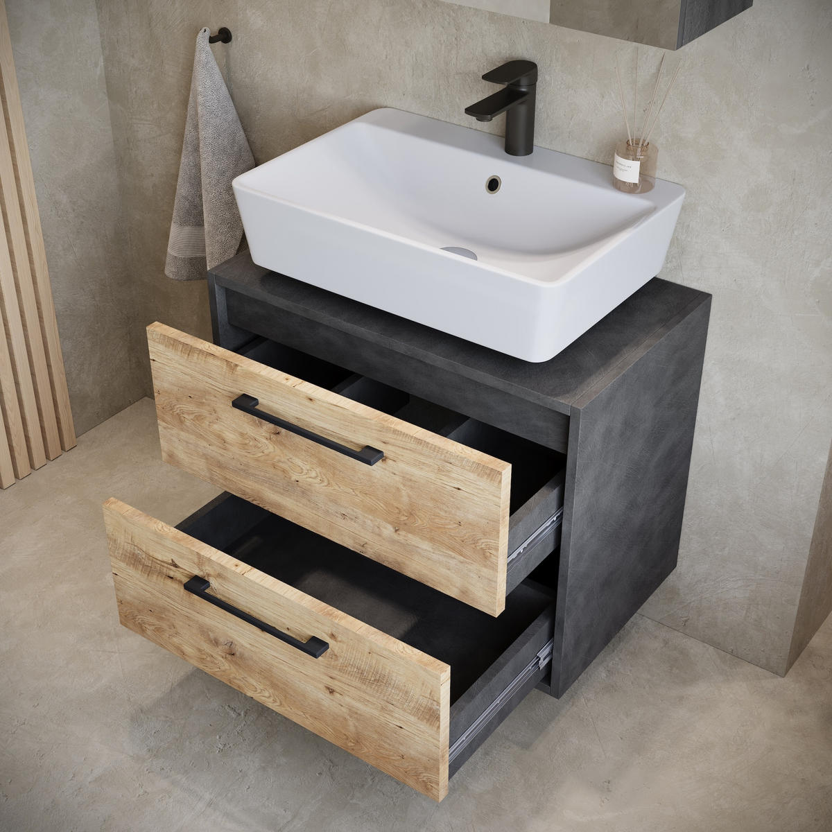 BADMÖBEL-SET Florence 2 Teile Kastanien Eiche mit Dunkel Grau - 60 x 35 x 51 cm - Eichefarben/Grau, Holz (60/51/35cm) - Badplaats