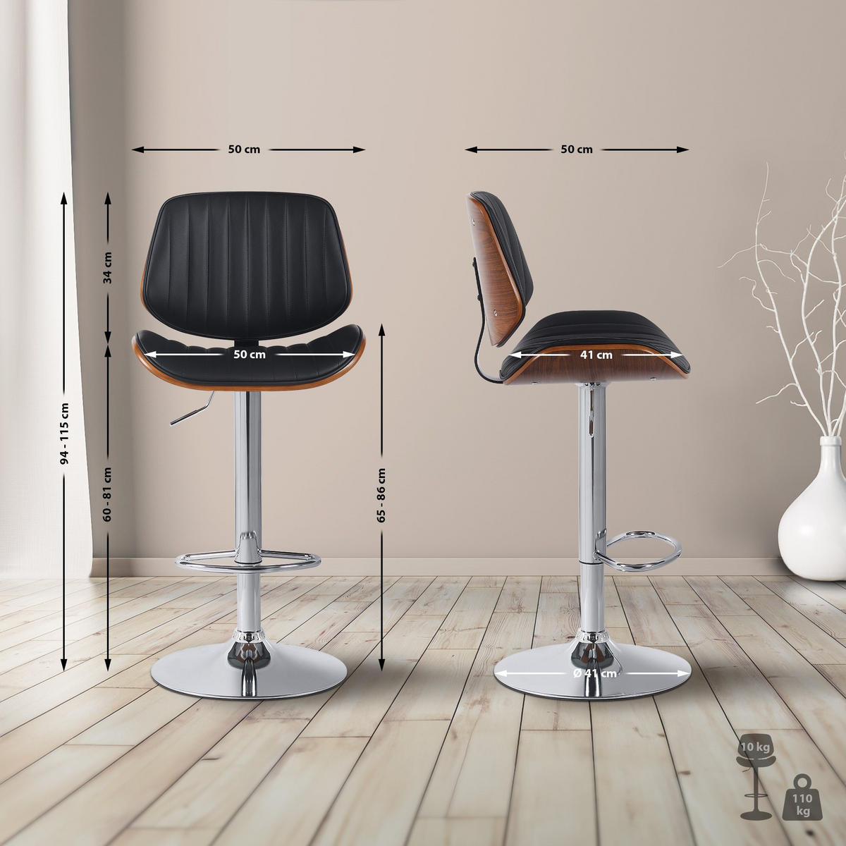 BARHOCKER 2er Set Lederlook Walnuss/Schwarz - Chromfarben/Walnussfarben, Textil/Metall (50/94/50cm) - CLP