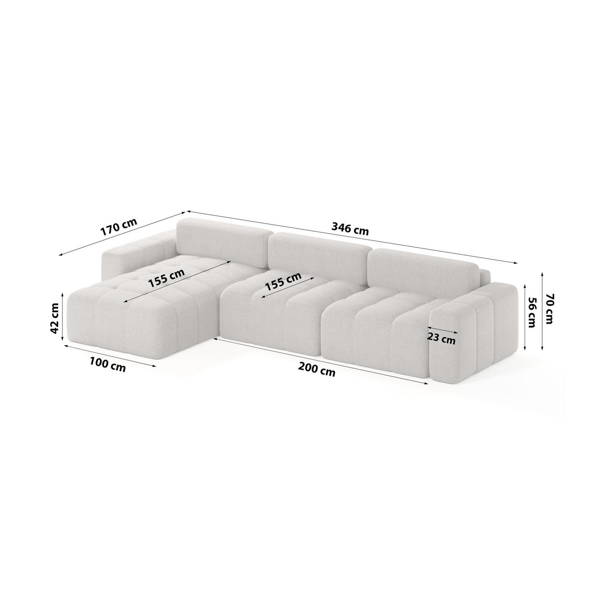 ECKSOFA Bouclé-Stoff 8 Sitzer Bornum So, Hellgrau - Hellgrau, Textil (346/170cm) - Meblito