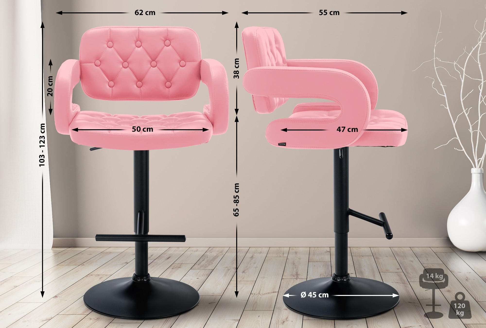 BARHOCKER Lederlook pink - Pink/Schwarz, Textil/Metall (62/103/55cm) - CLP
