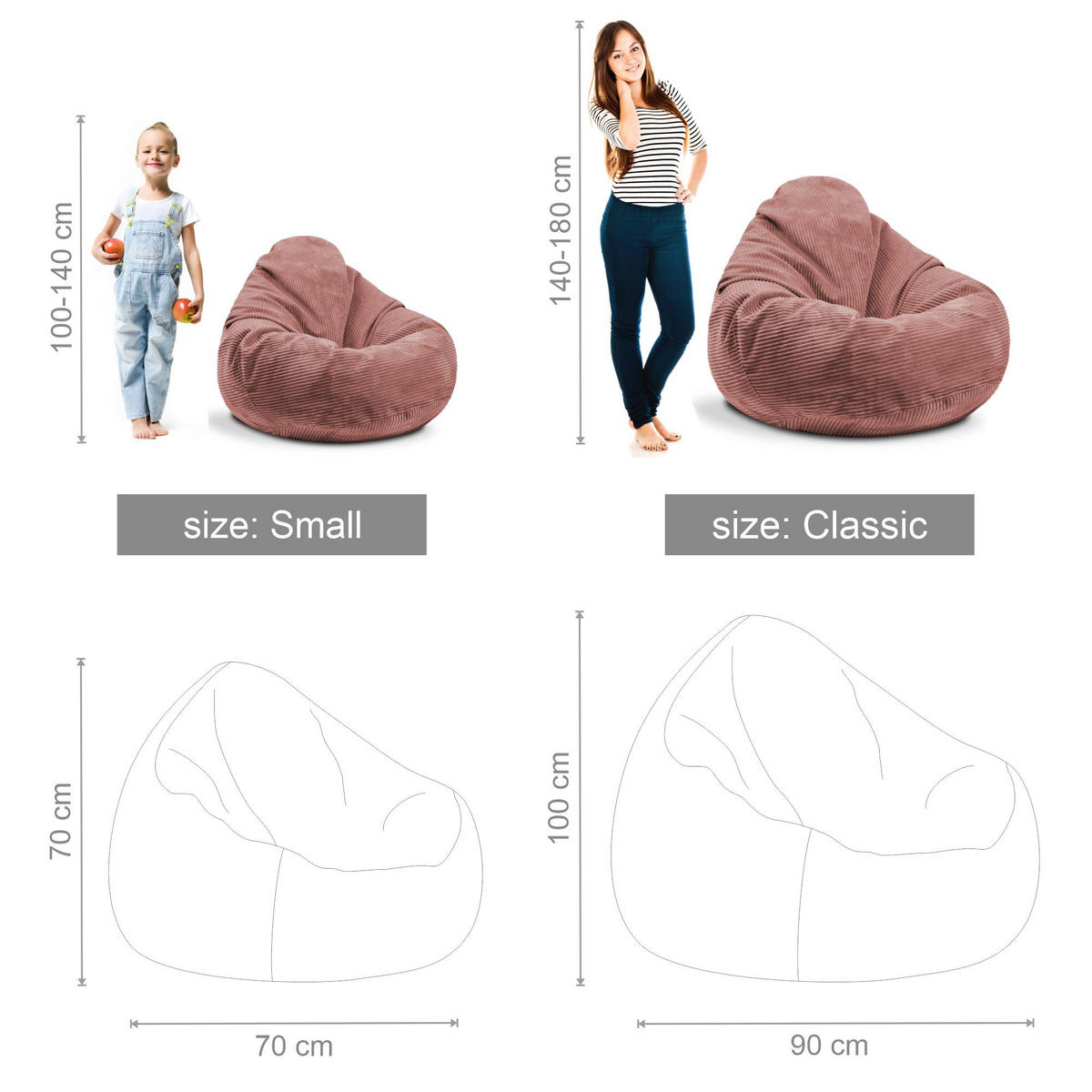 SITZSACK PARADISE MIT FUßSTÜTZE Kordsamt 2-tlg Ginger Spice M - Pink/Cognac, Textil (90/100/90cm) - Dreamroots