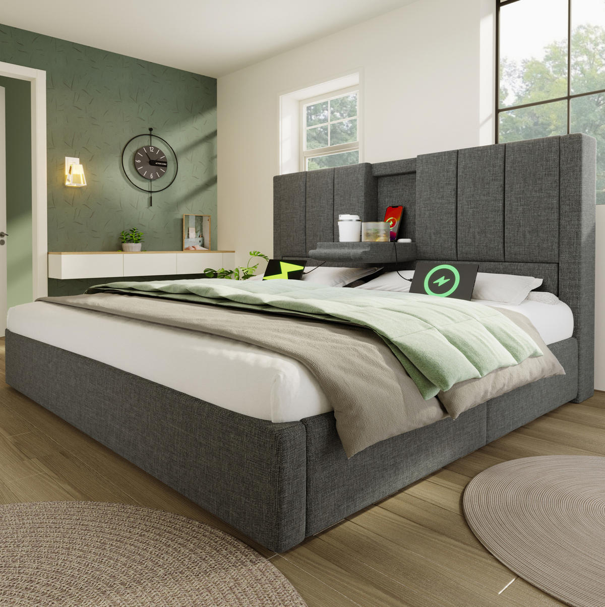POLSTERBETT 140/190 cm aus Leinen mit Stauraum Ladestation und verstecktem Becherhalter Grau - Grau, Textil (140/190cm) - Modenvie
