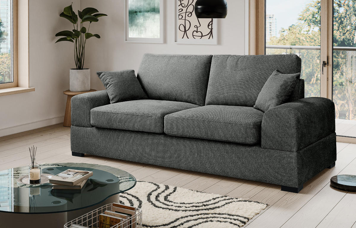 SOFA grau Strukturstoff, Couch 3-Sitzer 221 cm mit Premium Kaltschaum - Schwarz/Grau, Holz/Textil (221/90/93cm) - Inn.Furn