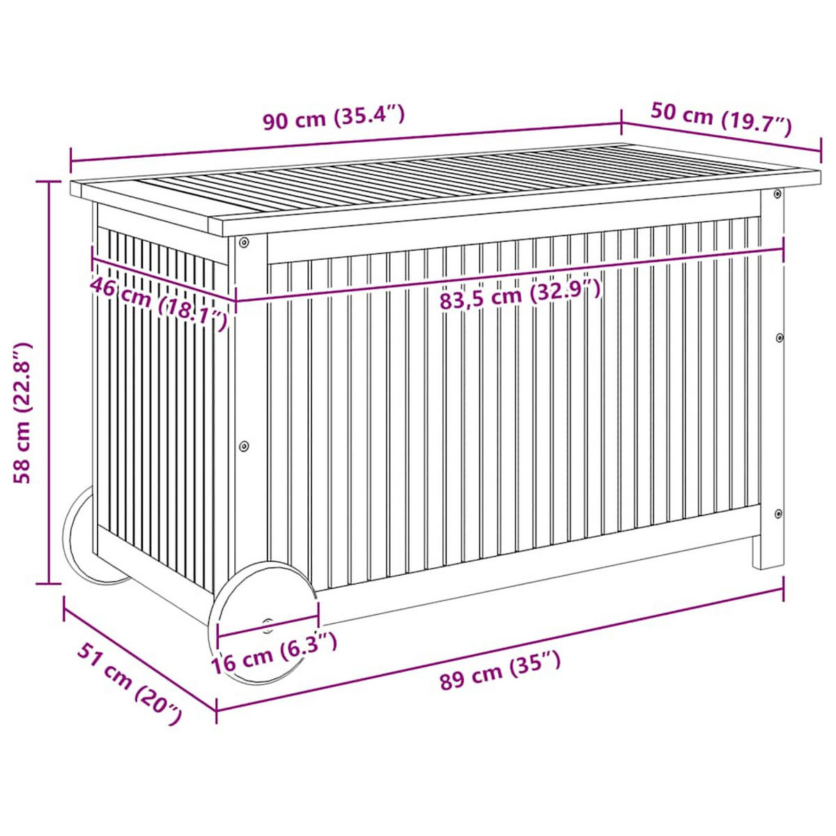 GARTENTRUHE Mit Rollen 90/50/58 Cm Massivholz Akazie - Braun, Holz (90/58/50cm) - vidaXL