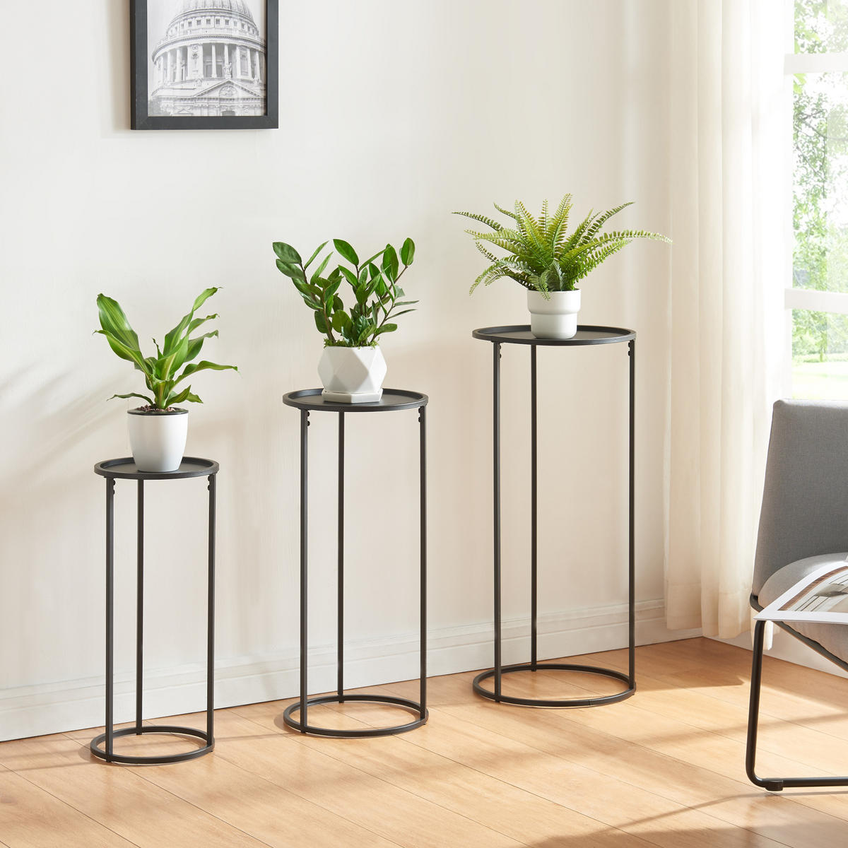 PFLANZENSTÄNDER-SET 3 TLG. Nesodden - Schwarz, Metall (32/32/70cm) - [en.casa]