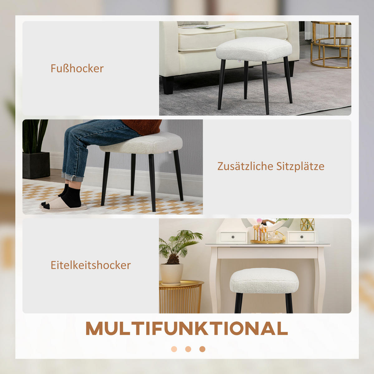 FUSSHOCKER Sitzhocker Quadratischer Schminkhocker mit Kaschmir-Optik, Stahlbeine - Creme, Kunststoff (42/44/42cm) - HOMCOM