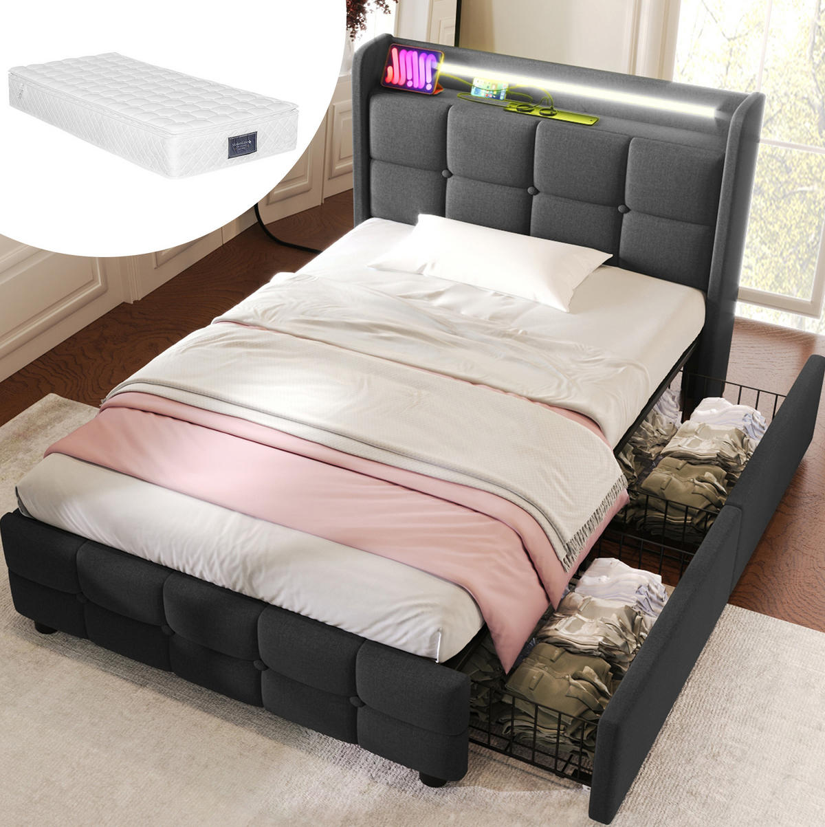 POLSTERBETT aus Holz 90x200 cm in Grau mit LED & Matratze - Grau, Holz (90/200cm) - Modfu