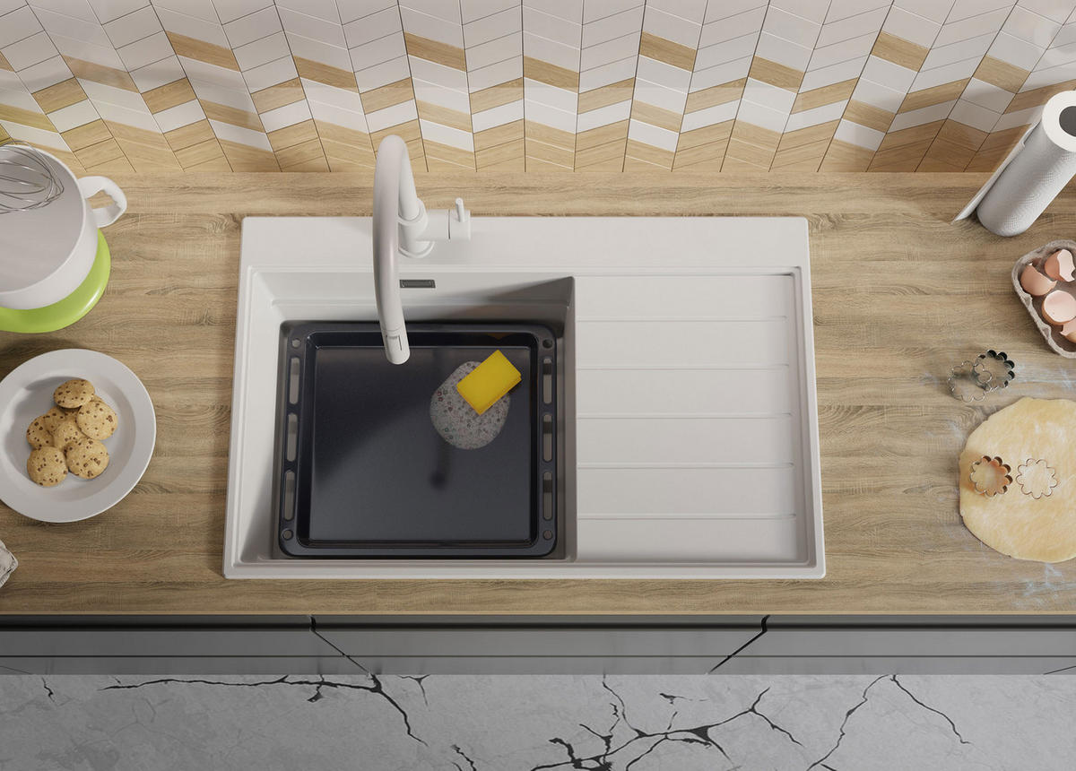 SPÜLBECKEN Sydney, 2-er set Weiß 78/50 cm 1 Becken + Ablauf-Set + Küchenzubehörset ab 50er Unterschrank - Chromfarben/Beige, Kunststoff (78/20/50cm) - Primagran