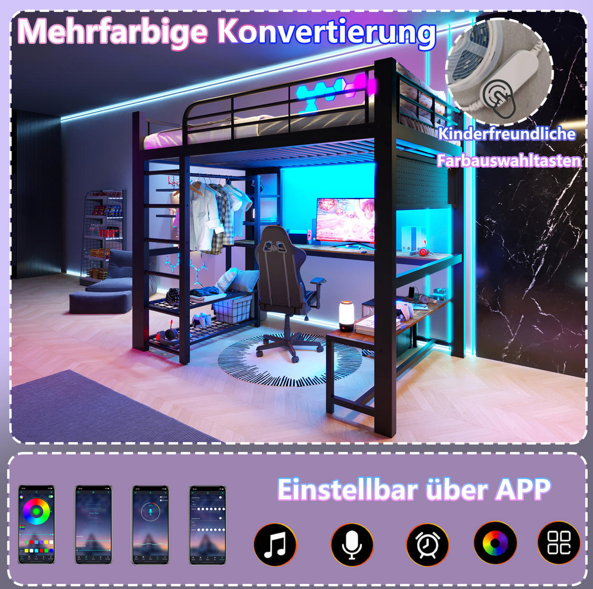 HOCHBETT 140/200 cm aus Metall mit LED-Lichtleiste, Schwarz - Schwarz, Metall (140/200cm) - OKMYHOME