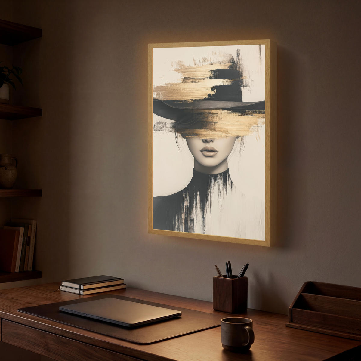 NÁSTĚNNÁ LAMPA S AKUMULÁTOREM Žena - klobouk - barva 40x60 cm - krémová, kompozitní dřevo (40/60/8cm) - OnlyWow