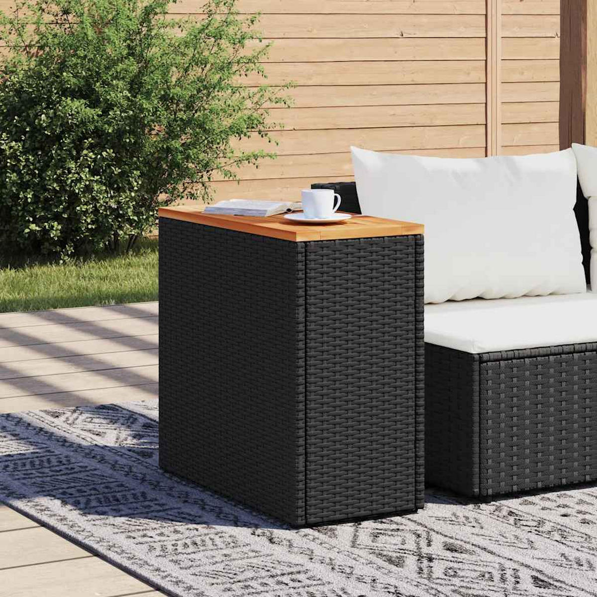 GARTEN-BEISTELLTISCH Mit Holzplatte Schwarz 58/27,5/55 Cm Poly Rattan - Schwarz, Kunststoff (58/27.5/55cm) - vidaXL