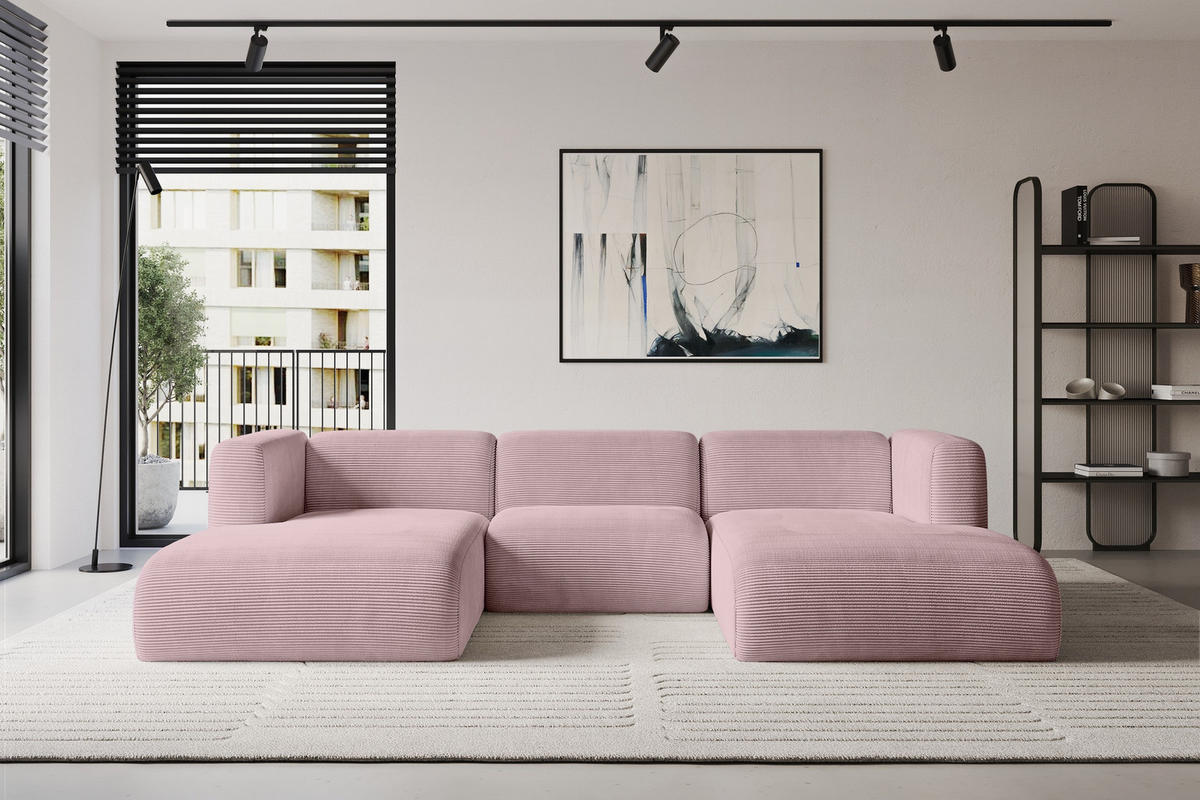 WOHNLANDSCHAFT MIRA-U1 317x179x70 Rosa Cord - Schwarz/Rosa, Holzwerkstoff/Kunststoff (317/70/179cm) - ALTDECOR