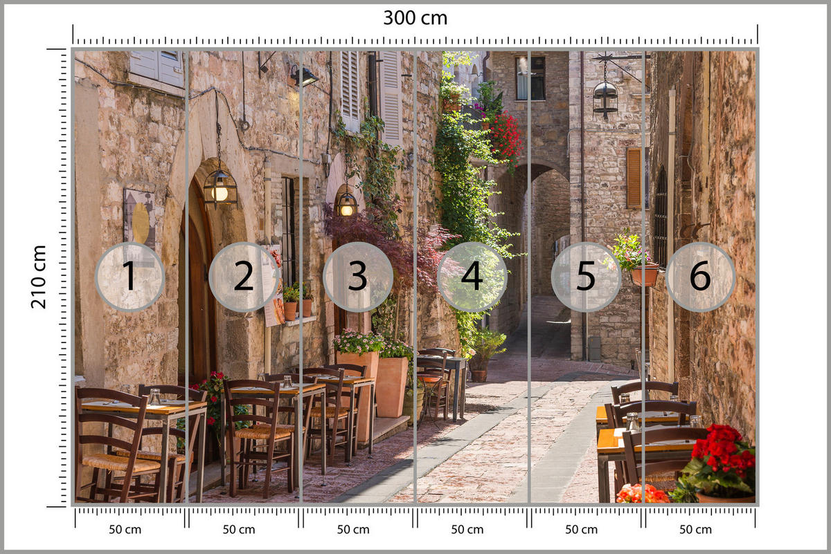 FOTOTAPETE für Wohnzimmer Italienische Steinstraße mit Restaurant Rustikal 300x210 - Beige/Rot, Papier (300/210cm) - Muralo