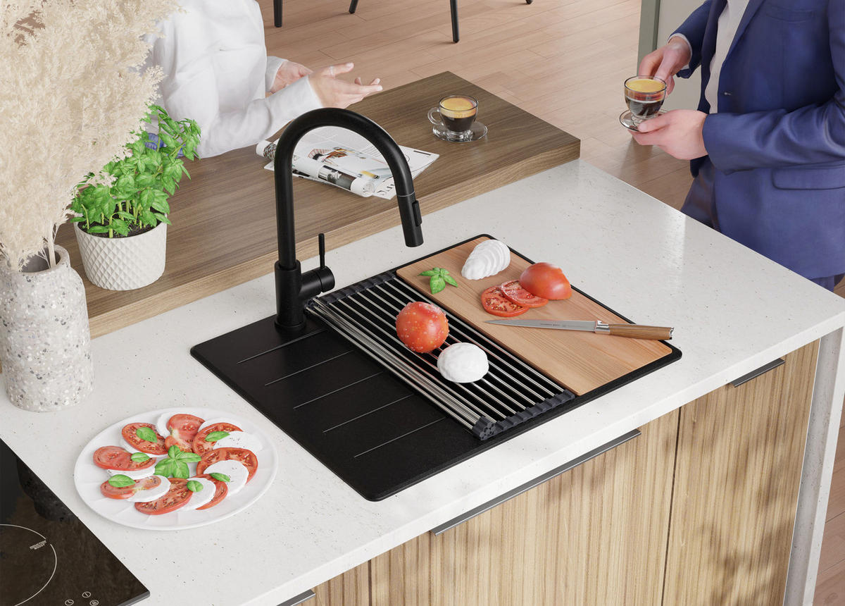 SPÜLBECKEN Kopenhagen, 2-er set Alles Schwarz 62/50 cm 1 Becken + Ablauf-Set + Schneidebrett ab 50er Unterschrank - Beige/Schwarz, Kunststoff (62/20/50cm) - Primagran