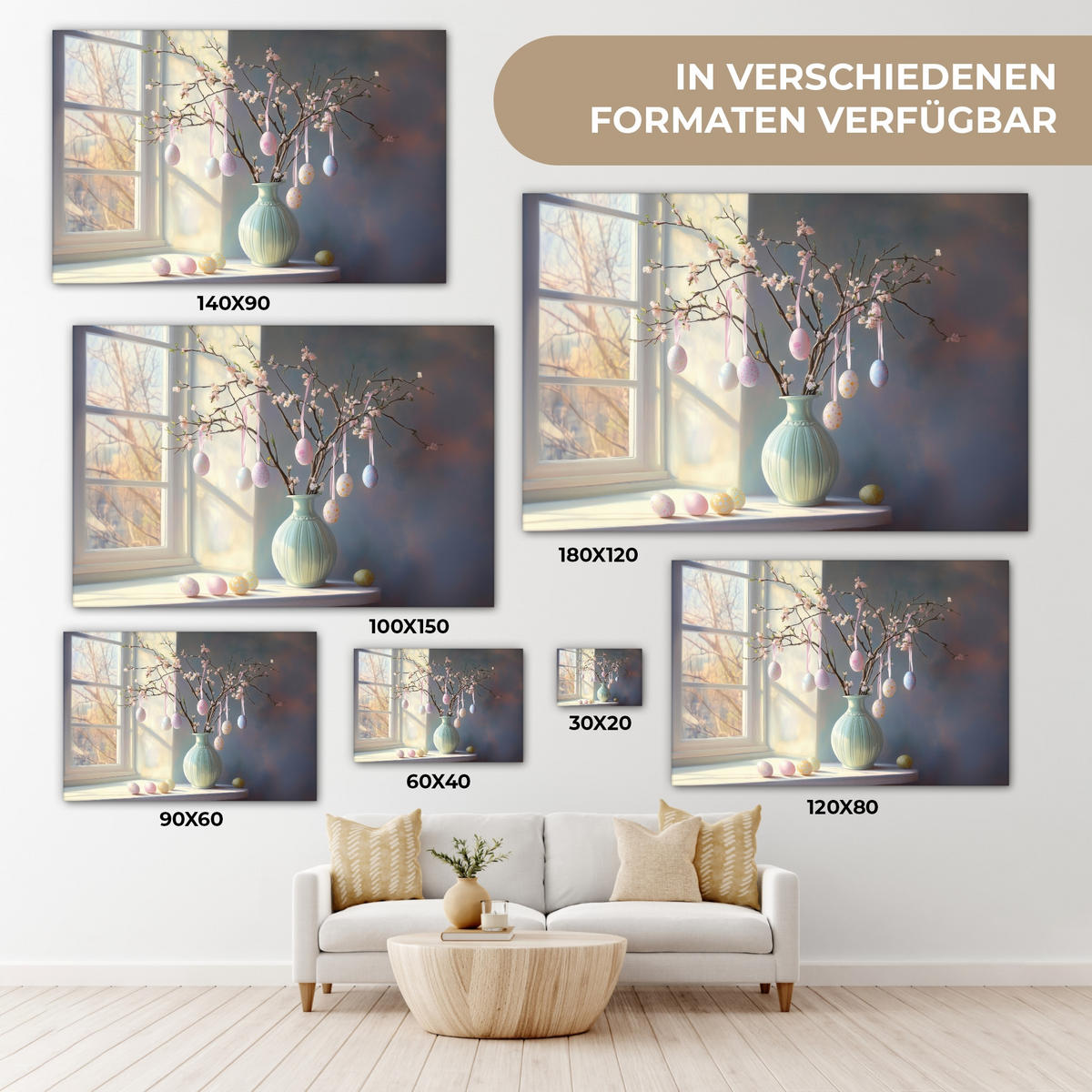 LEINWANDBILD Stillleben - Vase - Osterzweig Groß 140x90 cm - Hellblau, Textil (140/90cm) - MuchoWow