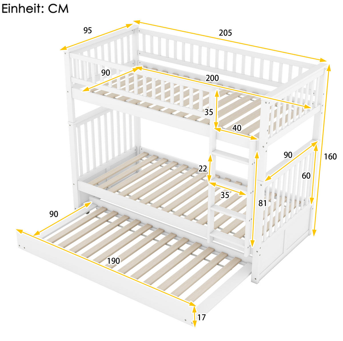 ETAGENBETT 90/200 cm weiß mit Ausziehbett und stabiler Treppe - Weiß, Holz (90/200cm) - OKWISH