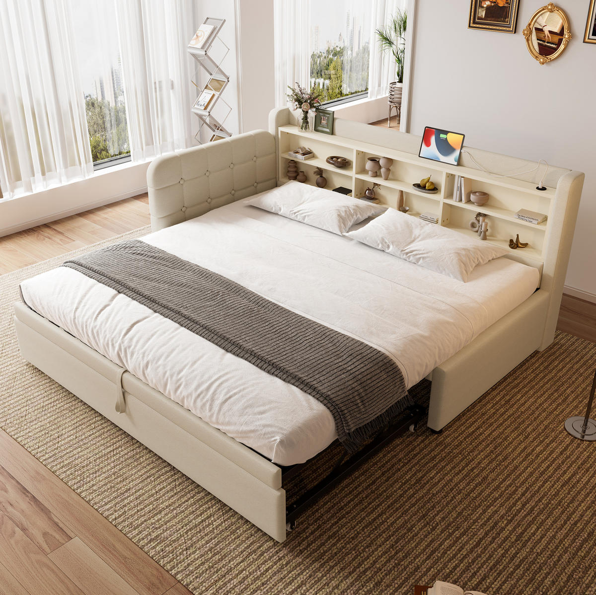 AUSZIEHBETT 90/180 x 200 cm in Beige mit USB- und Type-C-Anschlüssen, Ablagen - Beige, Textil (90/200cm) - Flora Grace