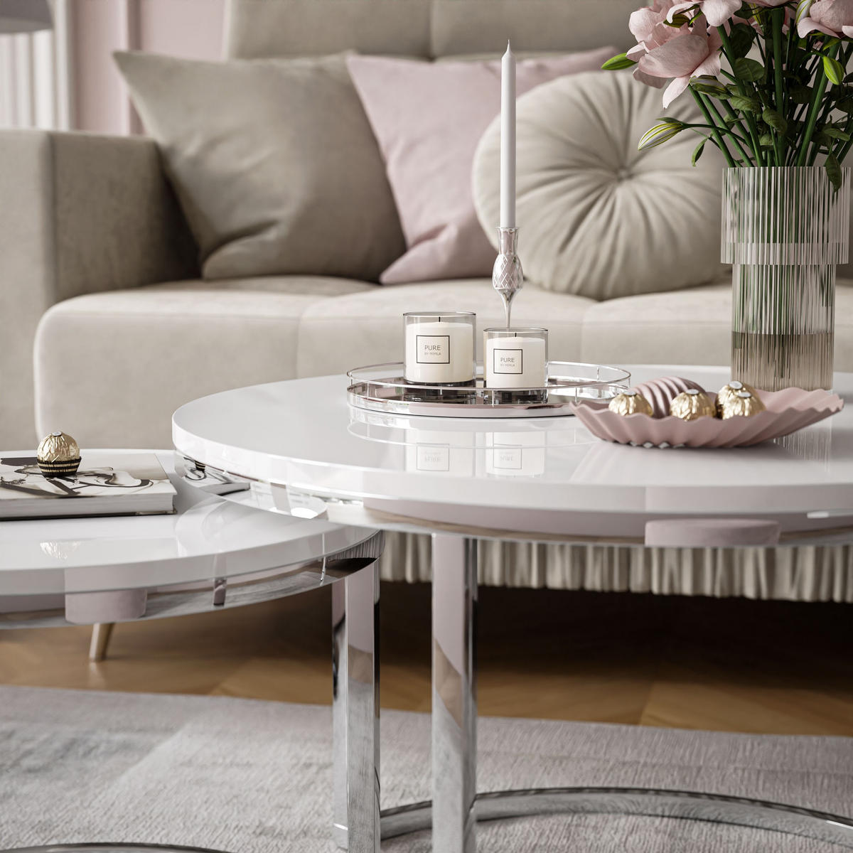 COUCHTISCH 2-in-1 CIRI CHROME Hochglanz - Silberfarben, Holzwerkstoff (70/70/48cm) - Lookway