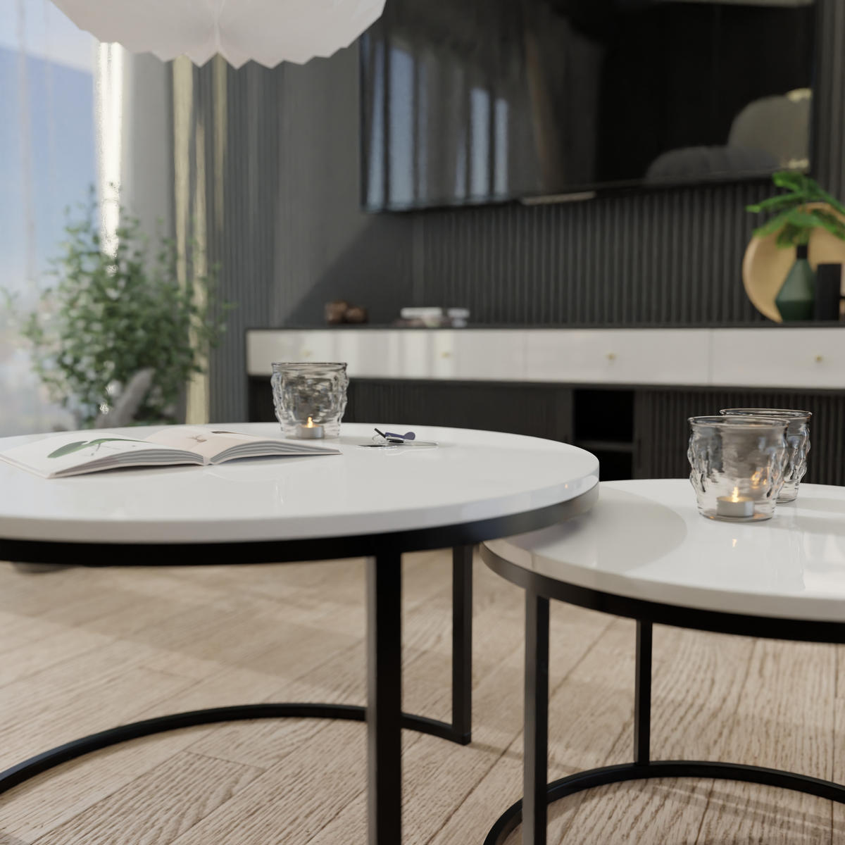 COUCHTISCH rund Groß, Weißglanz, Rahmen Schwarz - Schwarz/Weiß, Holzwerkstoff (80/80/48cm) - Idohome