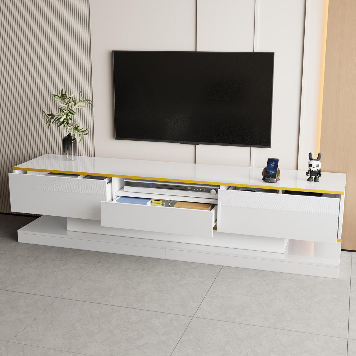 TV-ELEMENT180X38X45CM Weiß-Hochglanz mit LED-Beleuchtung und 3 Schubladen - Weiß, Holz (44.45/20.96/78.74cm) - Raelunyi