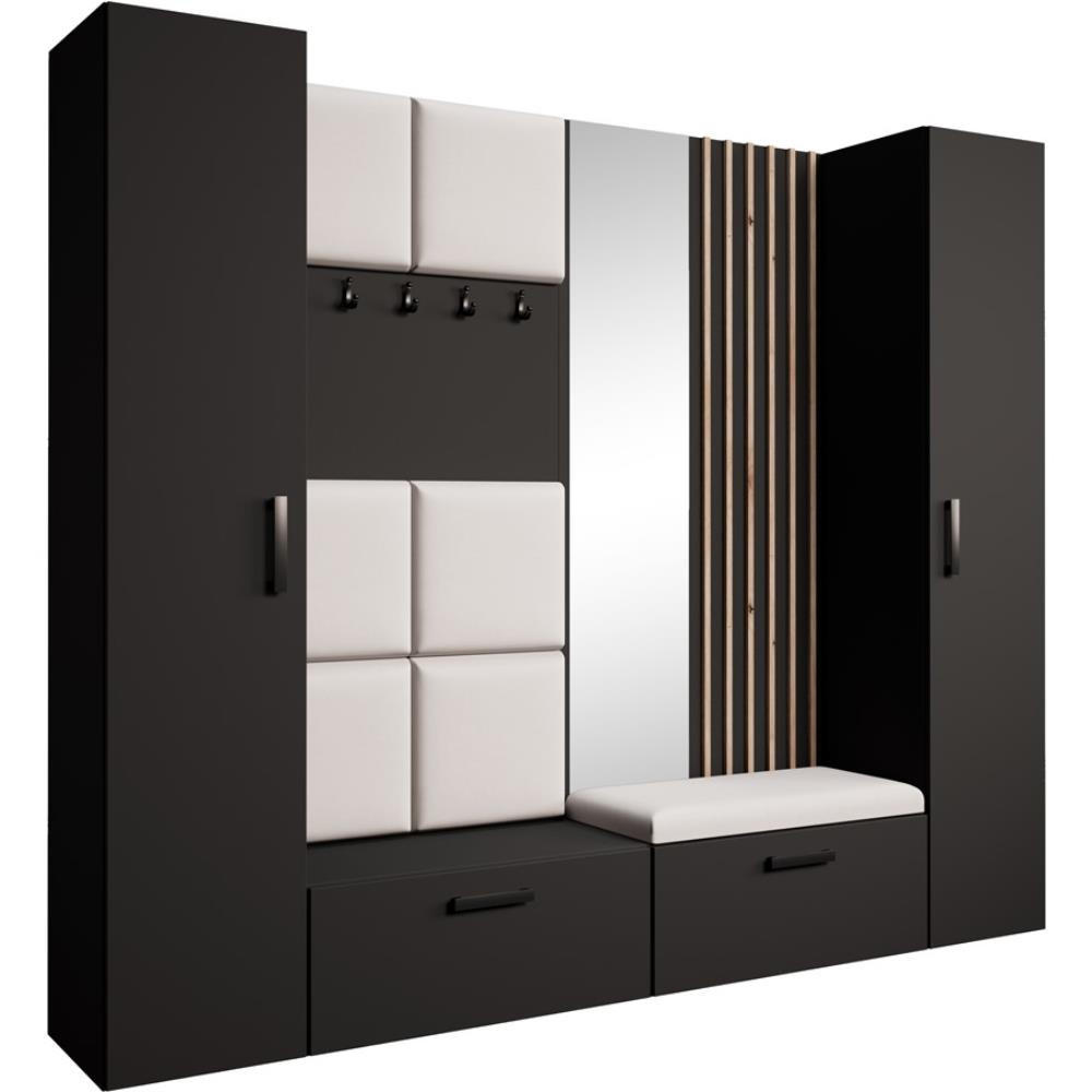 GARDEROBE Margaret XL 242/203/43 mit gepolsterten Paneelen/Lamellen/Spiegel - Beige/Schwarz, Holzwerkstoff/Kunststoff (242/203/43cm) - Beautysofa