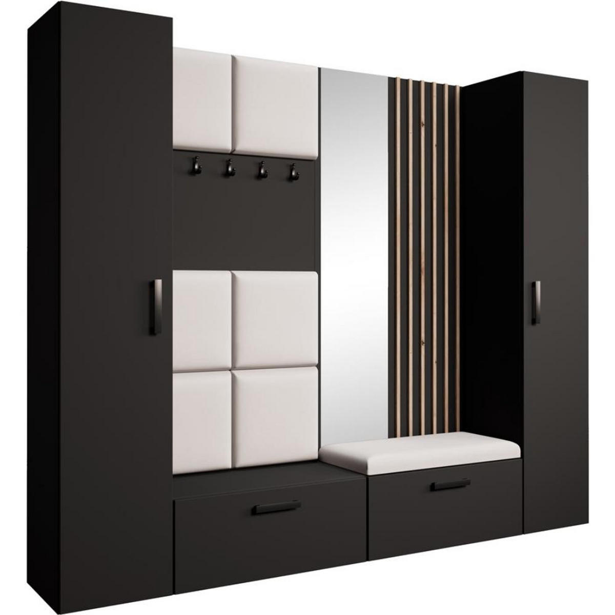 GARDEROBE Margaret XL 242/203/43 mit gepolsterten Paneelen/Lamellen/Spiegel - Beige/Schwarz, Holzwerkstoff/Kunststoff (242/203/43cm) - Beautysofa
