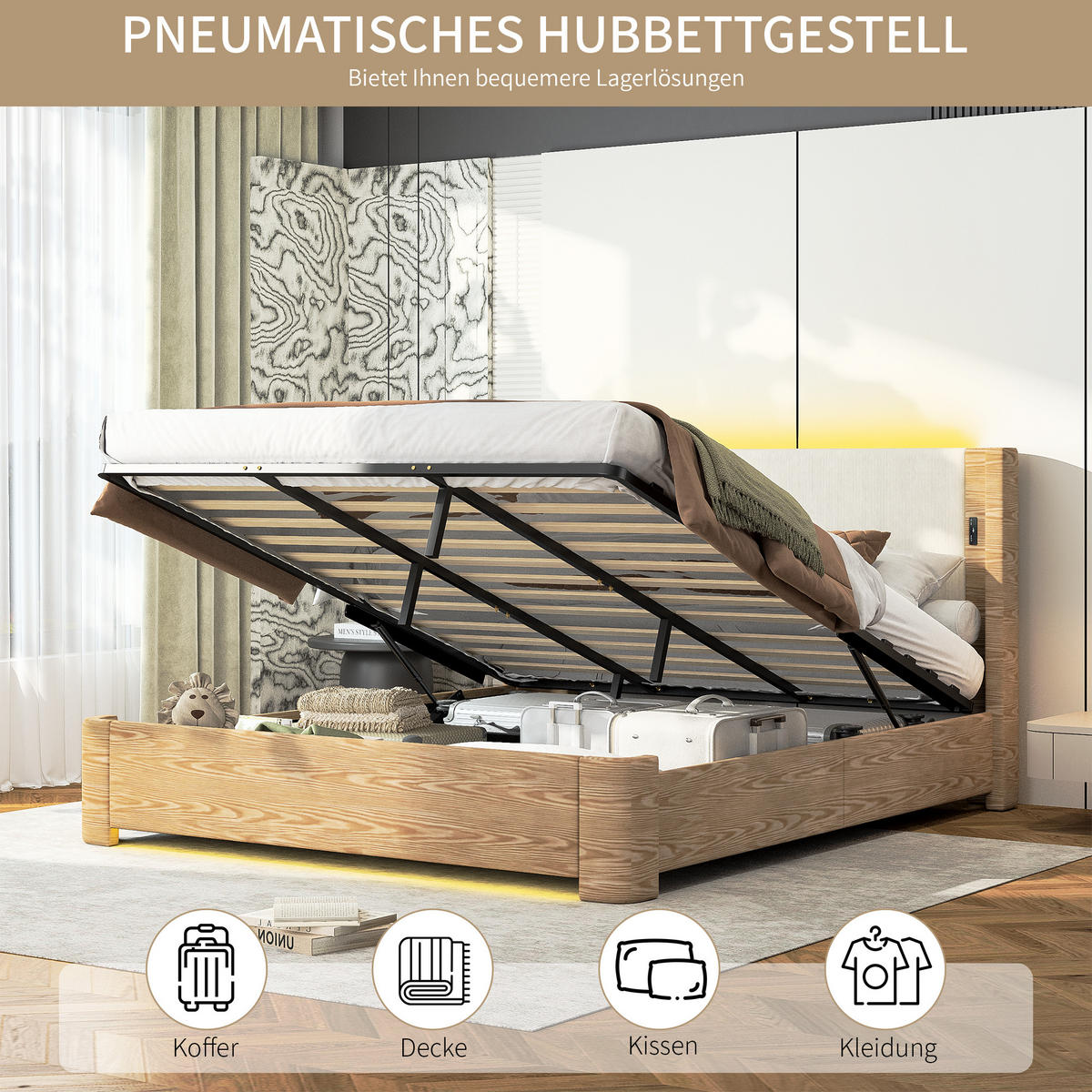 POSTEL KING Béžová s hydraulickým úložným prostorem a LED osvětlením - béžová, textil (190/200cm) - Urban Meuble