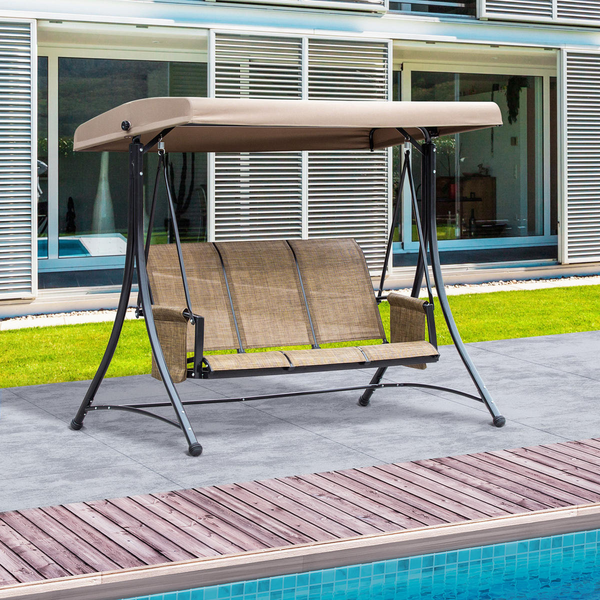 HOLLYWOODSCHAUKEL 3-Sitzer Seitentasche - Braun, Metall (128/172/196cm) - Outsunny