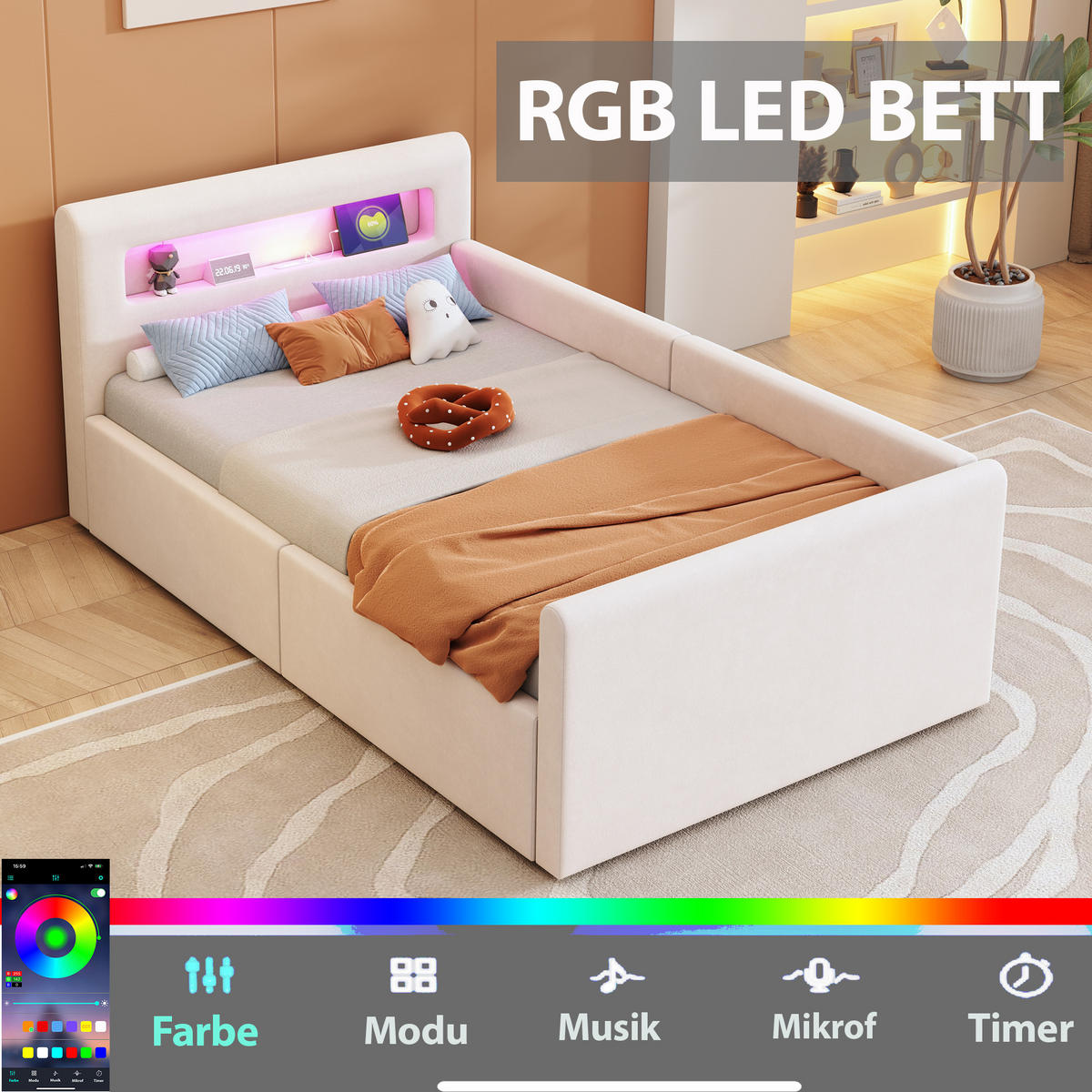KINDERBETT 90/200 cm in Beige Samt mit Stauraum, LED und USB - Beige, Holzwerkstoff/Textil (90/200cm) - WISHDOR