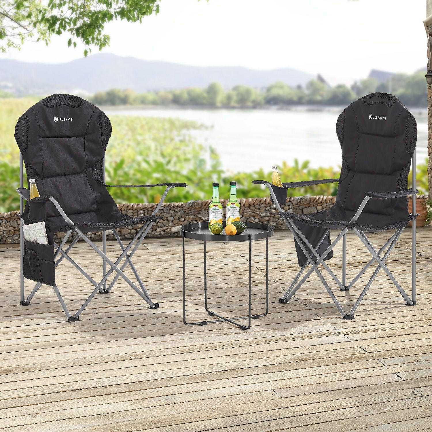 CAMPINGSTUHL Lido schwarz mit Flaschenhalterung & Tragetasche - Schwarz, Textil (62/102/62cm) - Juskys