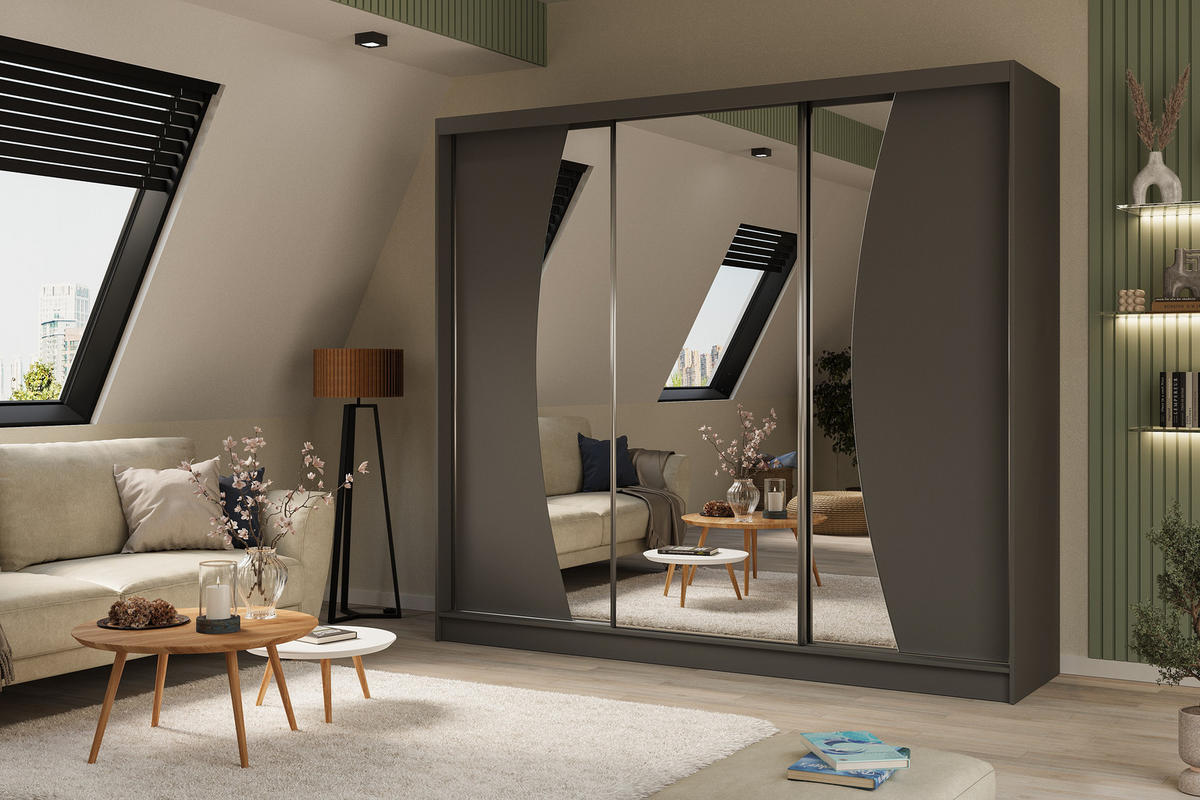 KLEIDERSCHRANK mit Spiegel-Schiebetüren und Aluminium-Leisten, LED-Beleuchtung (- VOXI - 240 cm Grau - Grau, Holzwerkstoff (240/216/61cm) - ALTDECOR