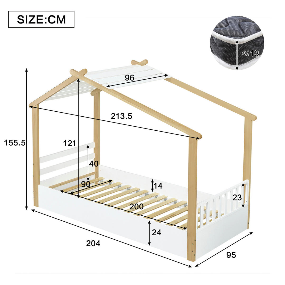 HAUSBETT 90/200 cm Weiß/Natur aus Kiefer, Spanplatte und MDF mit Holzhausdesign - Weiß, Holz (90/200cm) - OKMYHOME