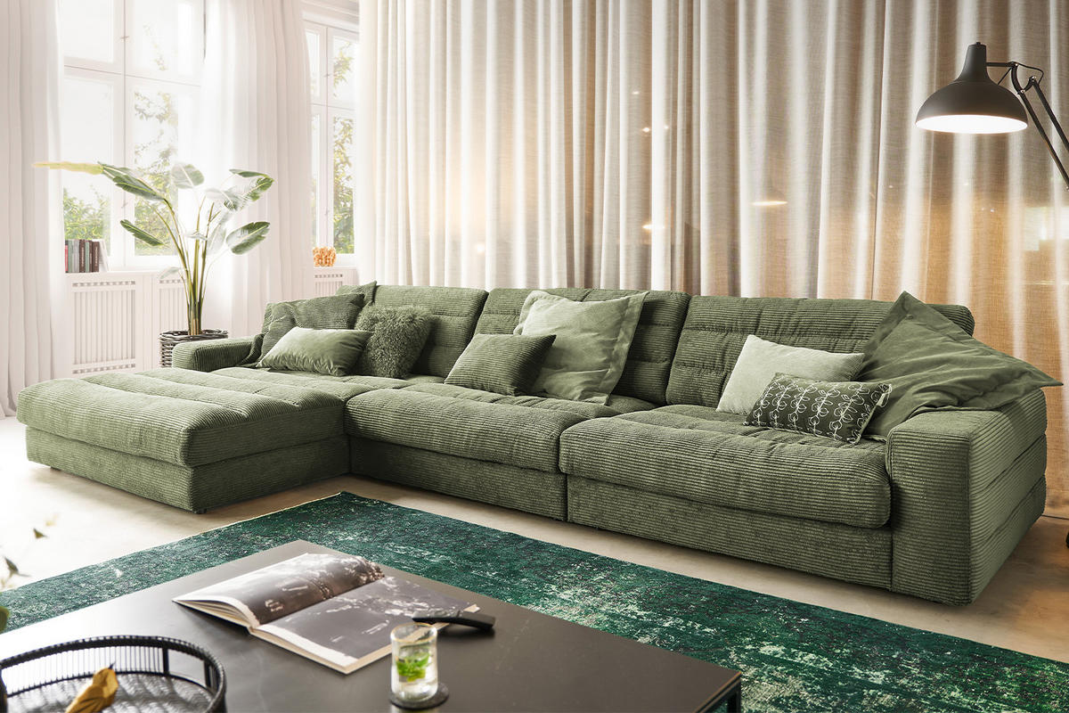 ECKSOFA XL LANA Grün Cord - Schwarz/Grün, Textil (416/205cm) - KAWOLA