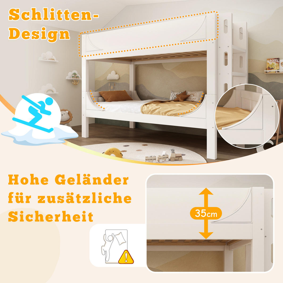 ETAGENBETT 90/200 cm trennbar mit flexibel montierbarer Leiter und Schlittenform, Weiß - Weiß, Holzwerkstoff (90/200cm) - Redom
