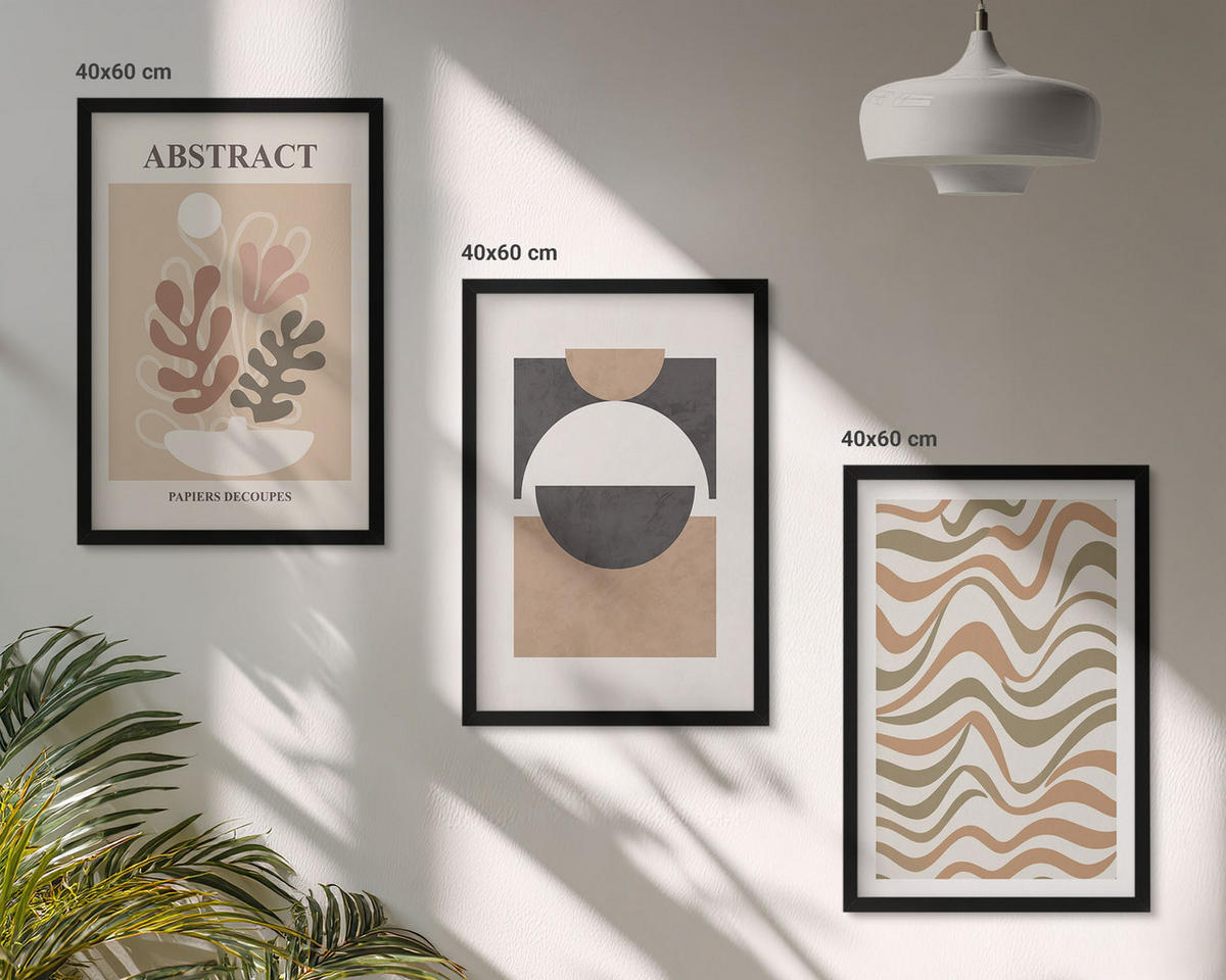 BILDER SET 3er Set - 40x60 cm Schwarzer Rahmen - Abstrakte Formenmuster - Schwarz, Kunststoff (40/60cm) - TULUP