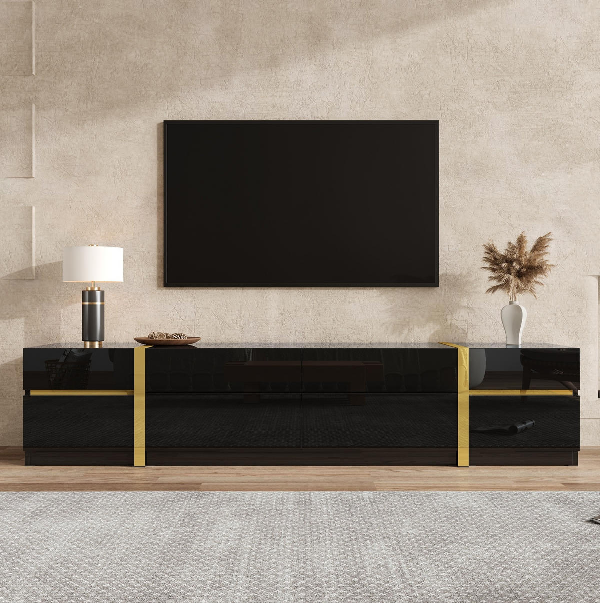 TV stolek 180/40/38 cm s vysokým leskem, 4 zásuvkami a 2 dvířky, úložný prostor, Černá - černá, kompozitní dřevo (180/38/40cm) - Redom