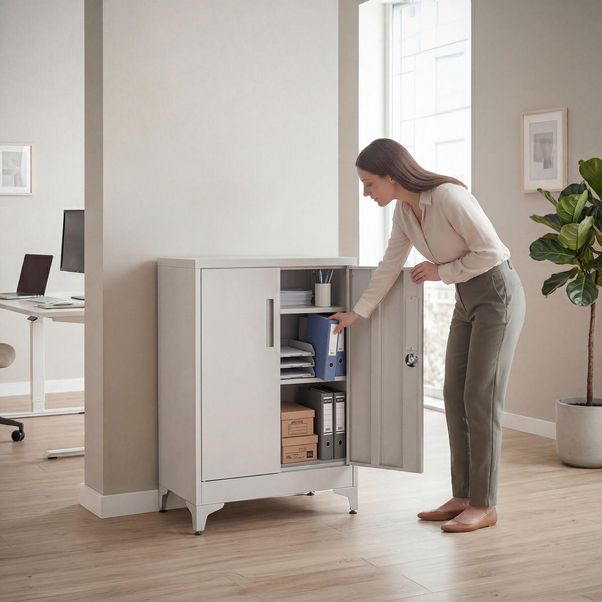 AKTENSCHRANK Blake, Kippschutz, höhenverstellbare Füße, grau - Grau, Metall (80/100/40cm) - tectake