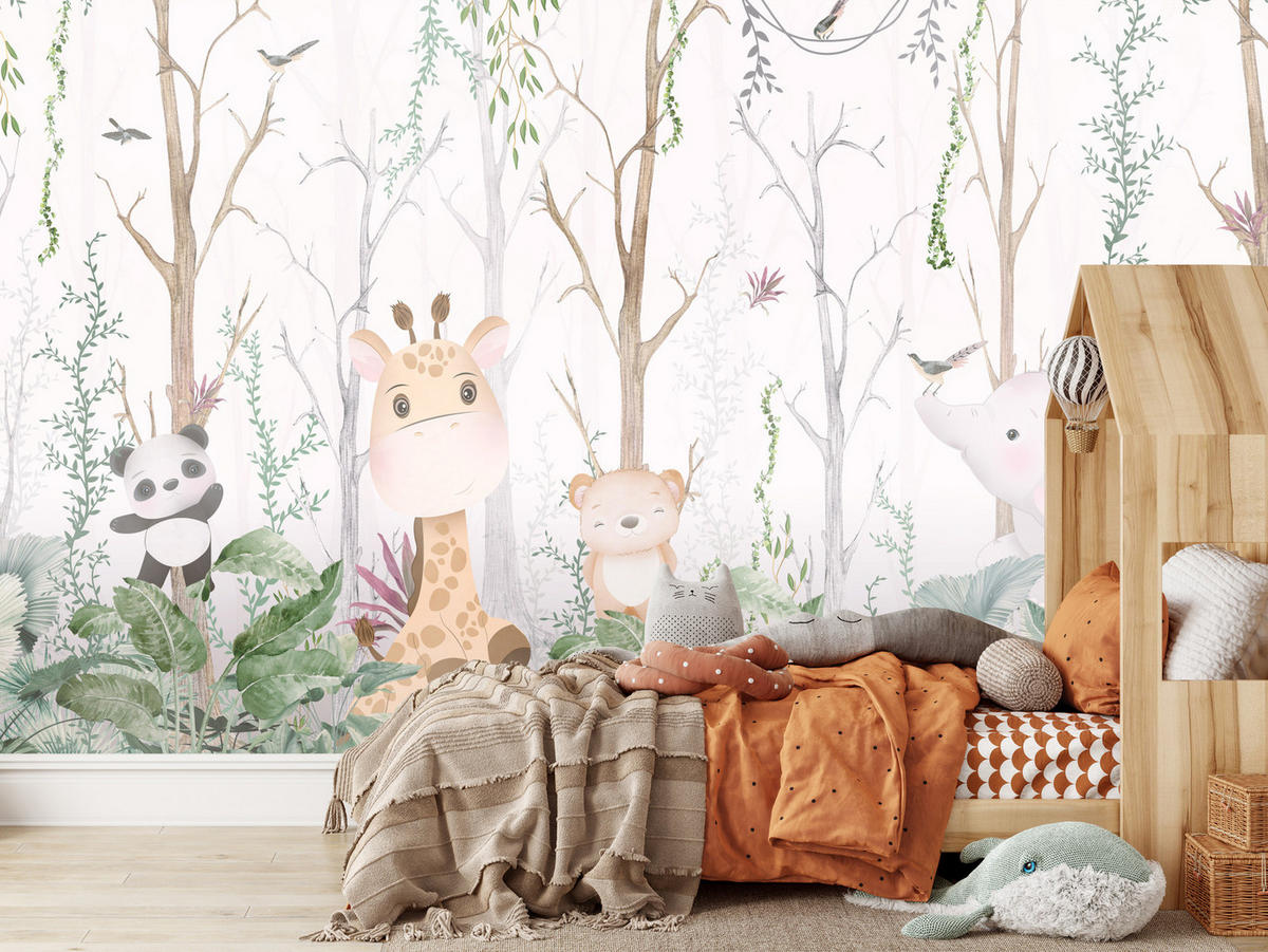 FOTOTAPETE für Kinderzimmer Märchenhafte Tiere Wald Bäume Pflanzen 500x350 - Beige/Rosa, Papier (500/350cm) - Muralo