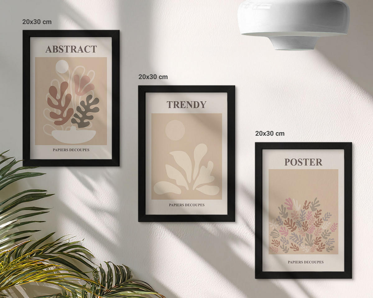 BILDER SET 3er Set - 20x30 cm Schwarzer Rahmen - Pflanzenmotive beige braun - Schwarz, Kunststoff (20/30cm) - TULUP