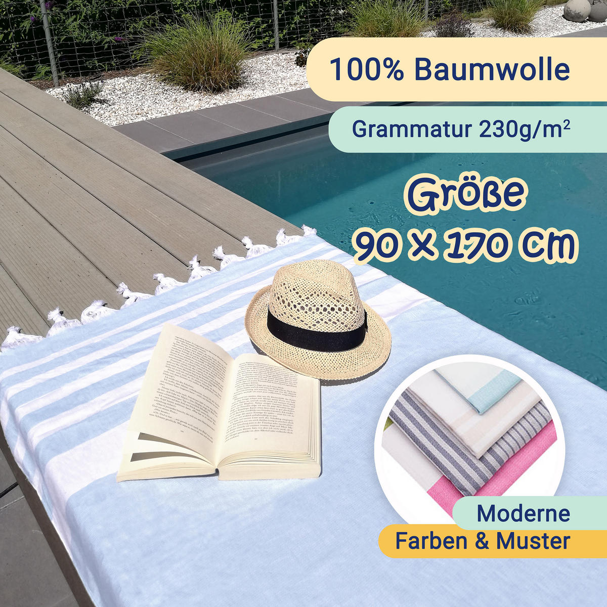 STRANDTUCH, 90x170 cm, 100% Baumwolle, Blau - Hellblau, Textil (90/170cm) - Zollner