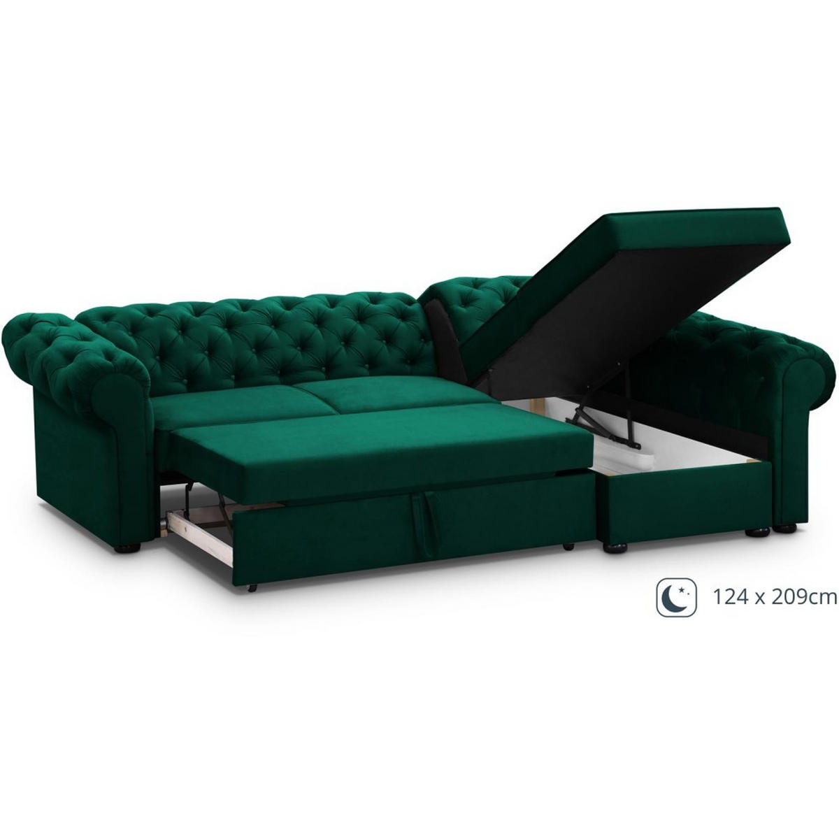 ECKSCHLAFSOFA Chester im Chesterfield-Stil, Dunkelgrün, links - Dunkelgrün/Schwarz, Textil (278/173cm) - Beautysofa
