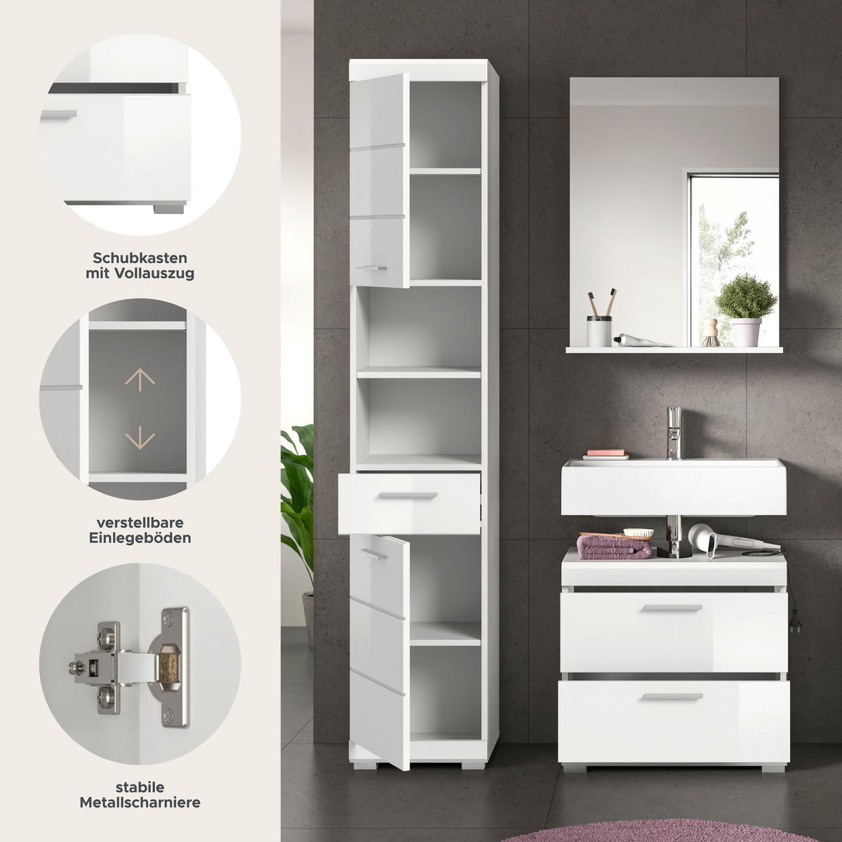 BADKOMBINATION 3tlg. Scout Bad in weiß Nachbildung und weiß hochglanz B/H/T: 112x191x34 cm - Weiß, Holz (112/191/37cm)