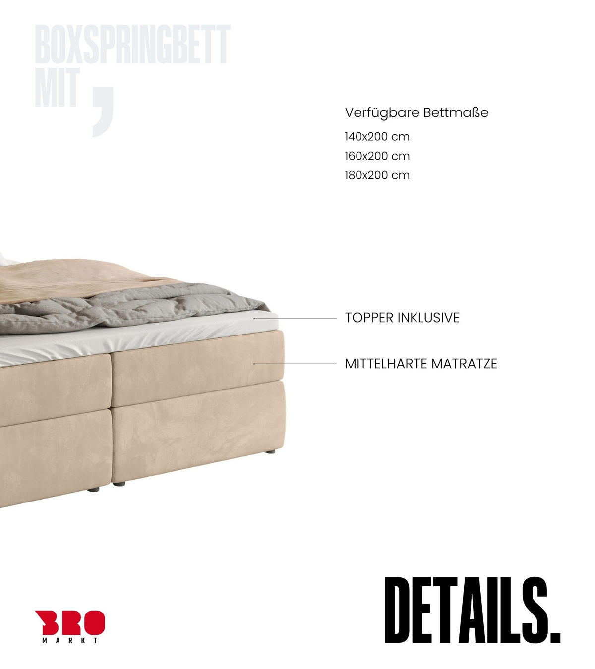 BOXBETT Boston mit Topper 140/200 Beige - Beige, Holzwerkstoff/Textil (140/200cm) - Bromarkt