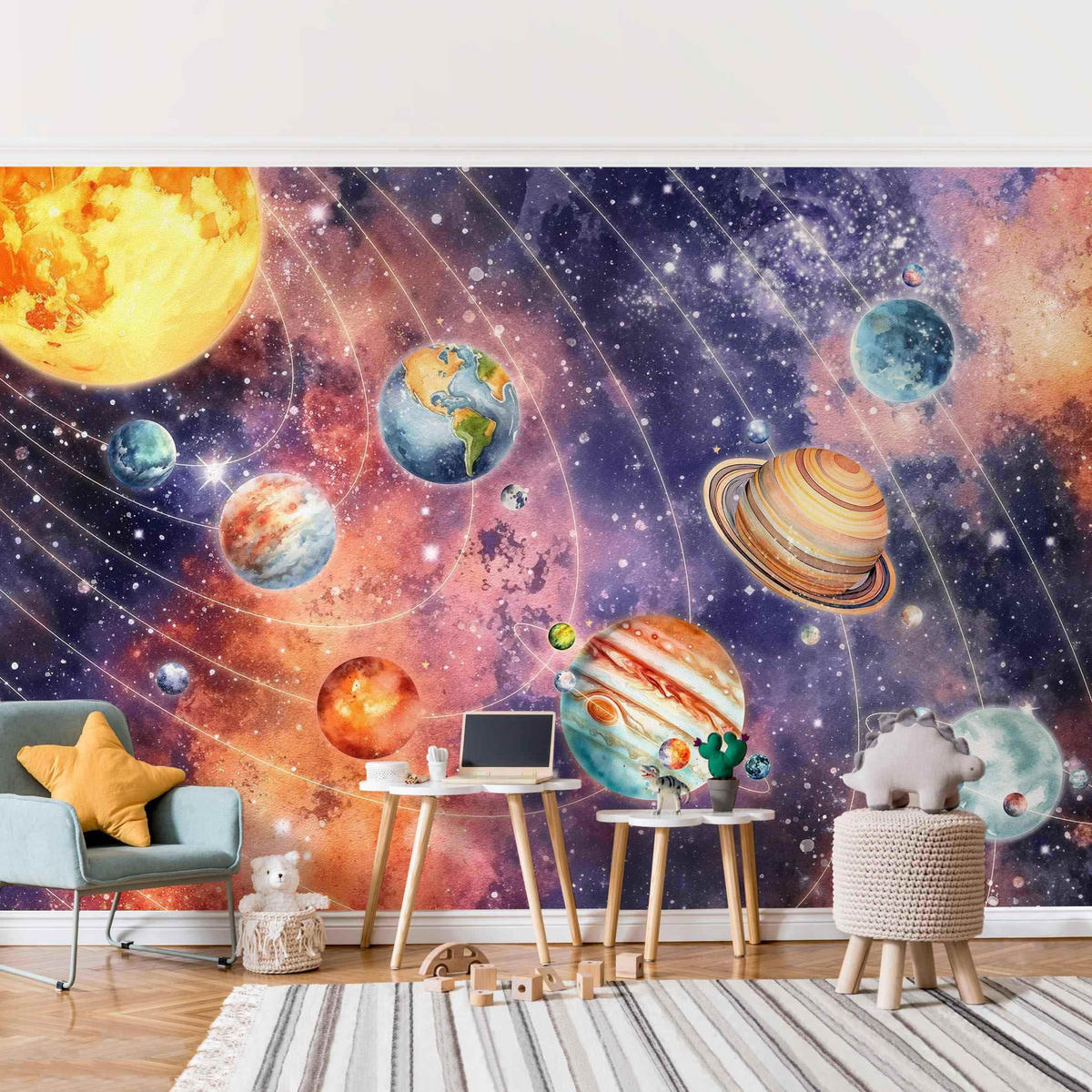 FOTOTAPETE Aquarell Sonnensystem 432/290 cm - Multicolor, Papier (432/290cm) - Bilderwelten