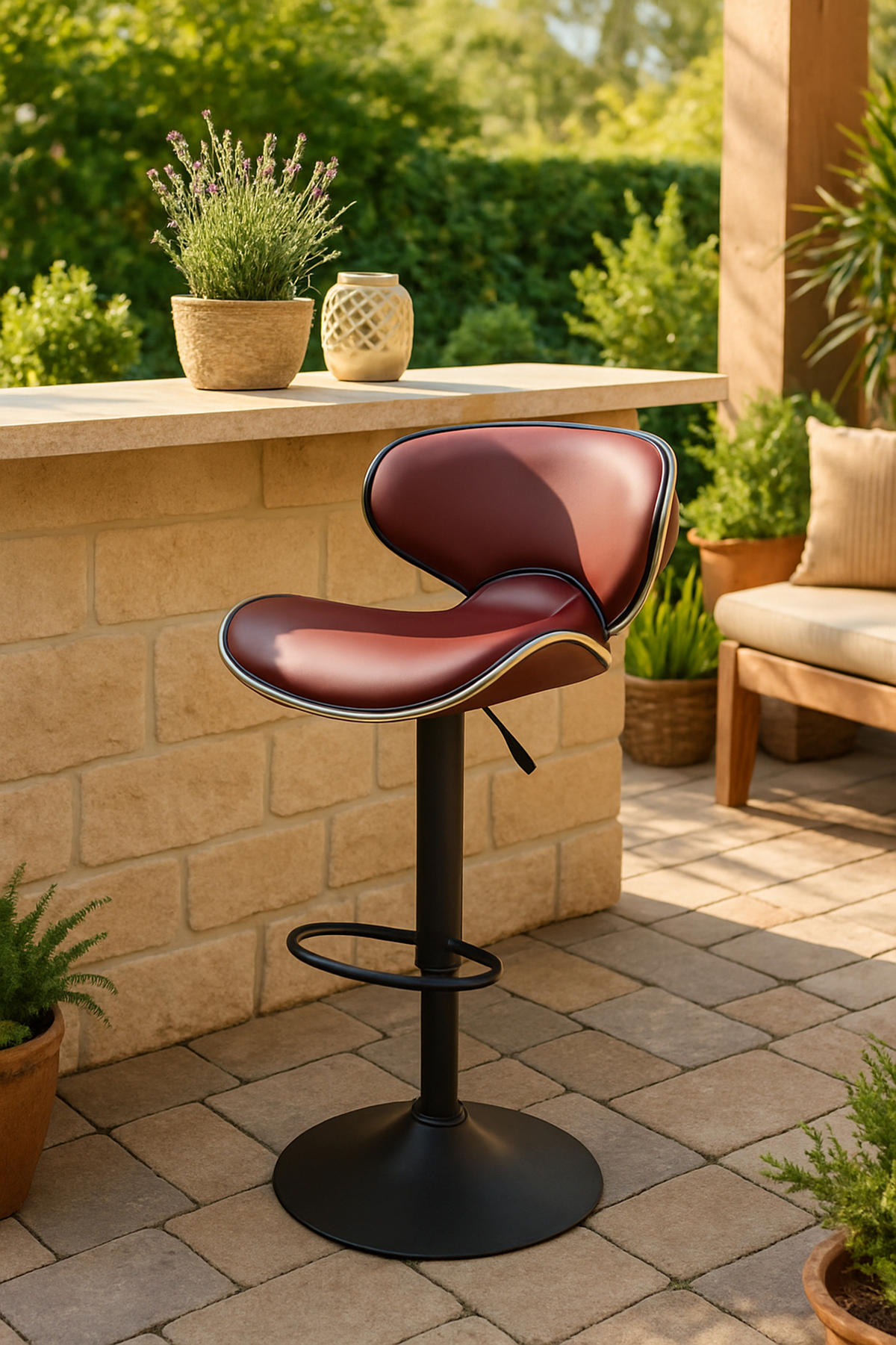 BARHOCKER 2er Set Las-Mallorcas Kunstleder schwarz bordeauxrot - Bordeaux/Schwarz, Kunststoff/Metall (46/108/49cm) - TPFLiving