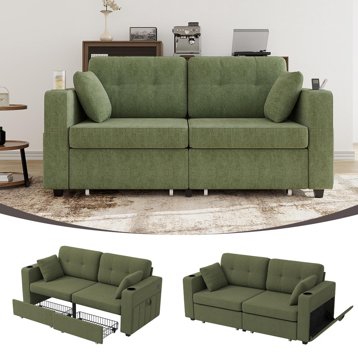 2-SITZER-SOFA 172/75/82 cm mit USB-Anschlüssen, Stauraumschubladen, Getränkehaltern und Seitentaschen, Olive - Salbeigrün, Textil (172/82/75cm) - Redom