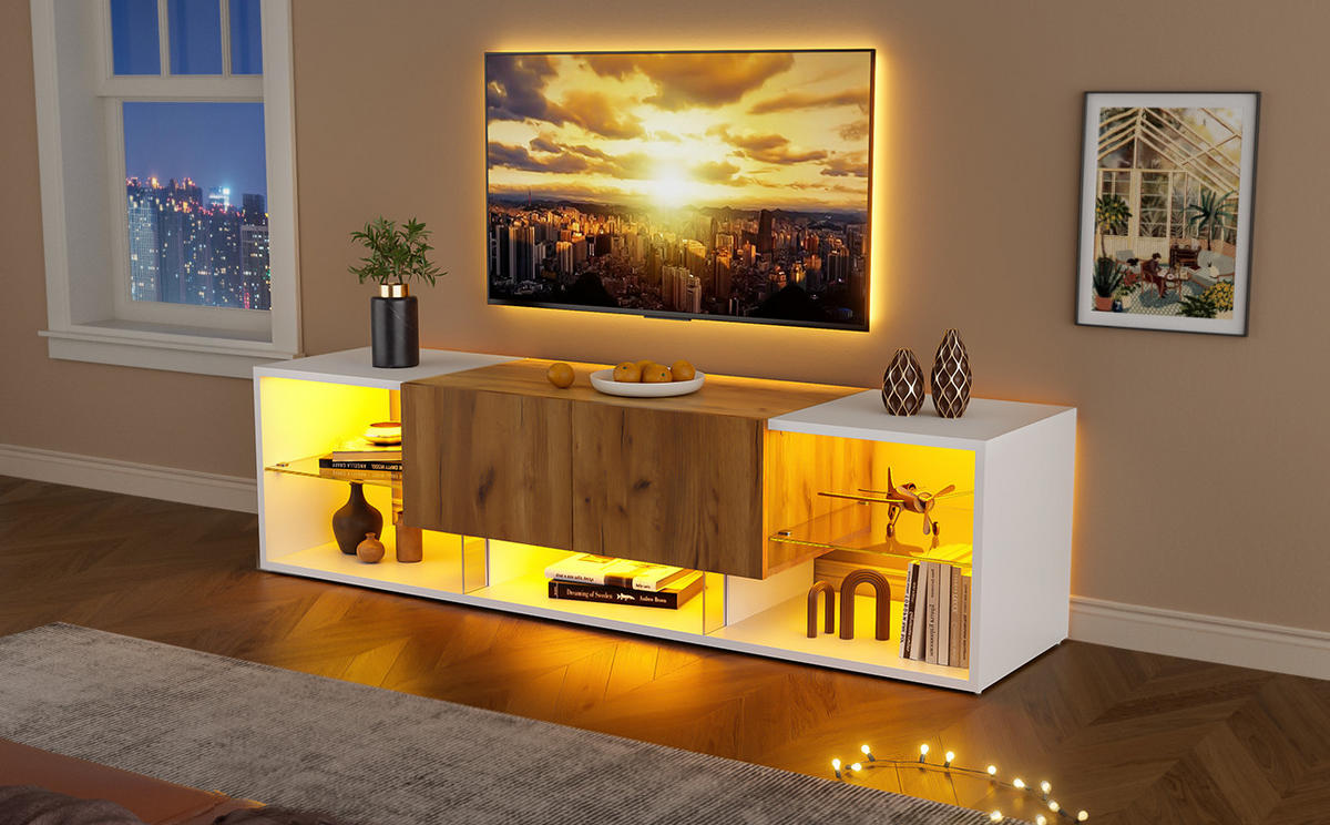 TV-SCHRANK in Weiß/Eicheoptik mit LED und 2 Schubladen 160/40/42 cm - Weiß, Holzwerkstoff (160/42/40cm) - Redom